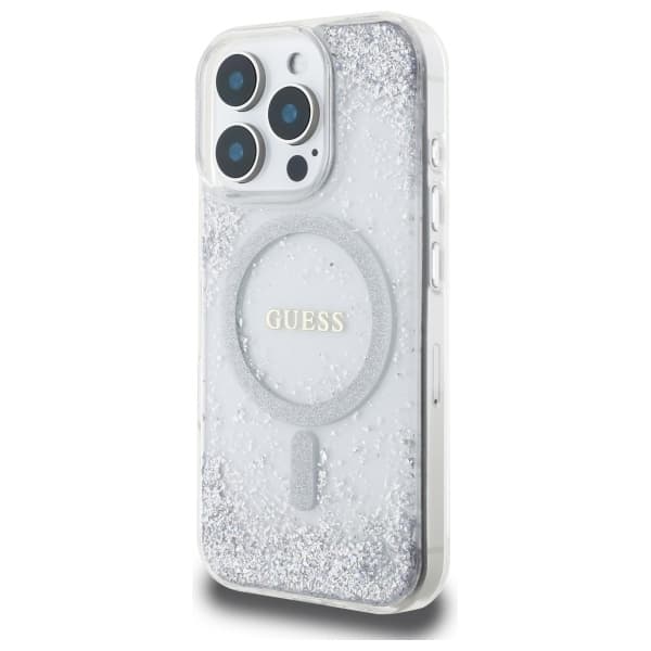 Guess Mobilskal till iPhone 16 Pro MagSafe Resin Gradient Glitter Silver