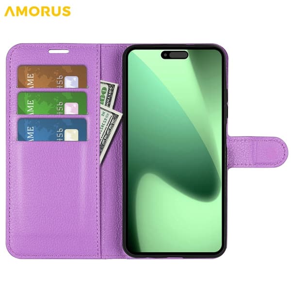 AMORUS iPhone 17 Pro Konstläder Plånboksfodral Flipstativ Litchi - Lila Lila