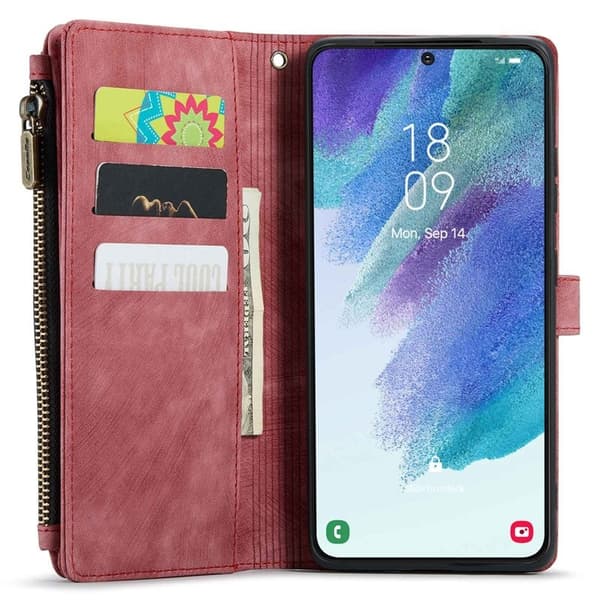 CASEME Konstläder Plånboksfodral för Samsung Galaxy S21 FE 5G Röd