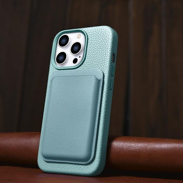iCarer iPhone 14 Pro Skal Magsafe Äkta Läder Litchi Premium - Grön