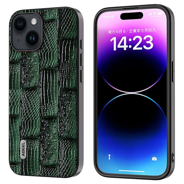 ABEEL iPhone 15 Plus Plånboksfodral Mahjong Textur Grön Äkta läder