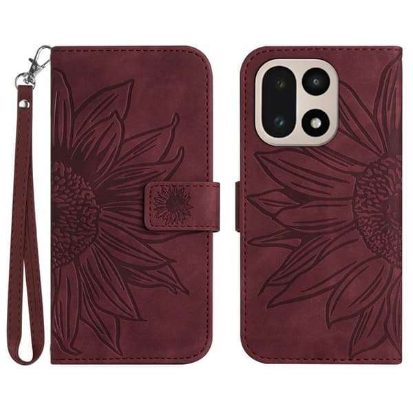 OnePlus 15 5G Plånboksfodral Sunflower Imprint Konstläder Vinröd