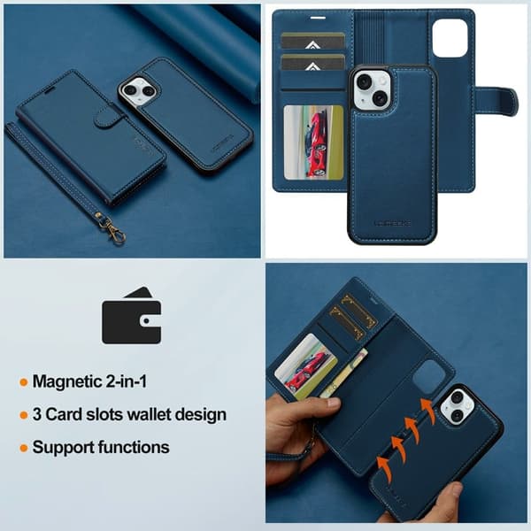 LC.IMEEKE L2 Series iPhone 15 Plånboksfodral Konstläder - Blå