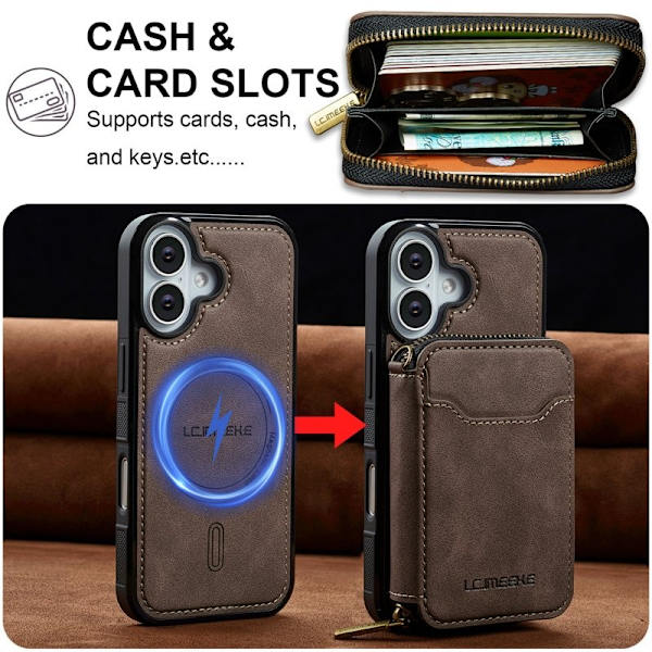 LC.IMEEKE L6 iPhone 16 Plus Plånboksfodral Konstläder - Brun