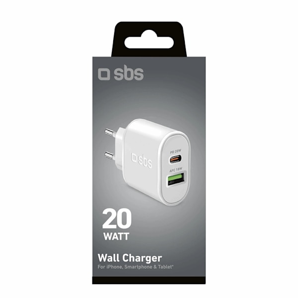 SBS Snabbladdare 20W USB-A USB-C med PD - Vit Vit
