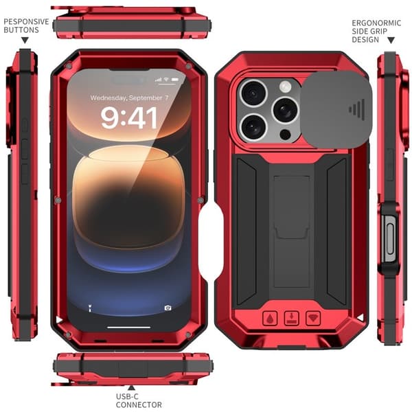 R-JUST Mobilskal till iPhone 16 Pro Kickstand Silicone+Metal+PC Röd