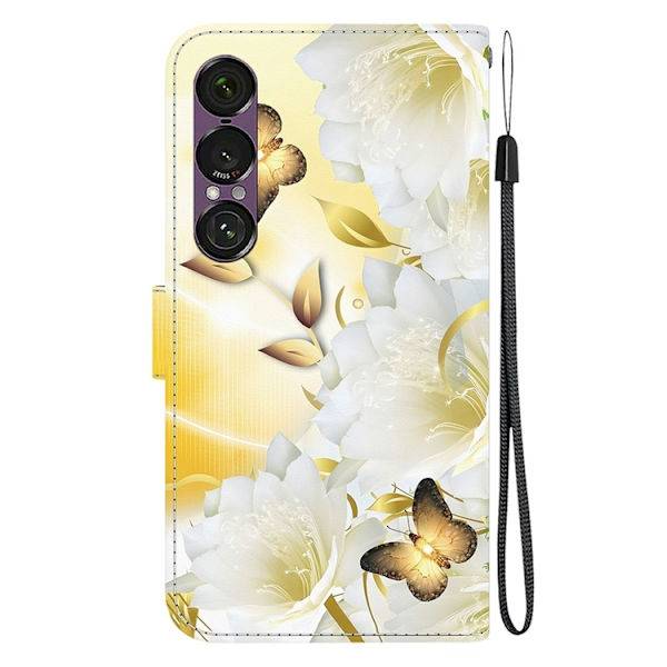 Sony Xperia 1 VII Konstläder Plånboksfodral Pattern Printing - Guld Flower Guld