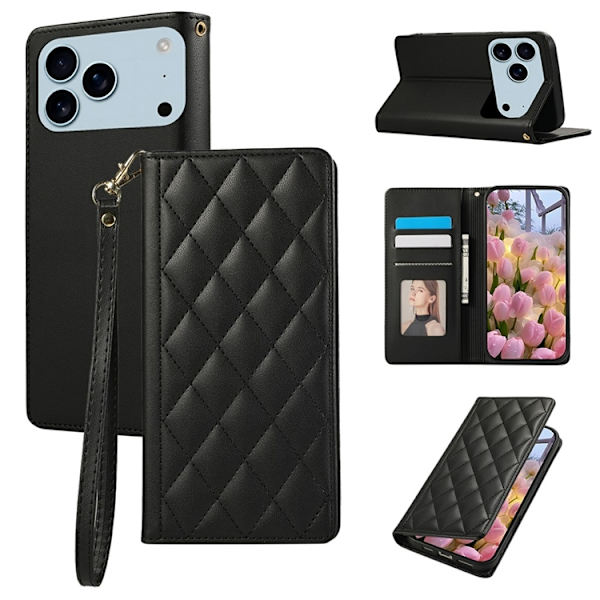 iPhone 17 Pro Max Plånboksfodral RFID Rhombus Läder - Svart Svart