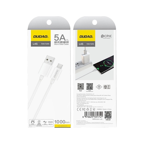Dudao Kabel USB-A till Micro-USB 5A 1m L4SM - Vit