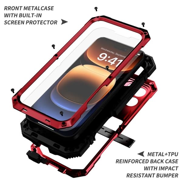 R-JUST Mobilskal till iPhone 16 Pro Max PC+Silicone+Metal Kickstand Röd