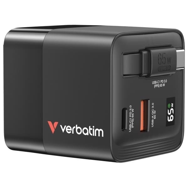 Verbatim Hurtigoplader 65W GaN USB-C USB-A EU/UK/USA - Sort Svart