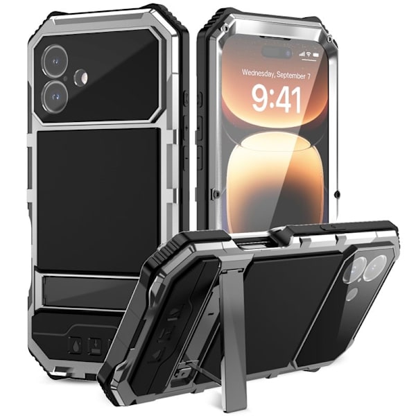 R-JUST Mobilskal till iPhone 16 Plus PC+Silicone+Metal Ställ Silver