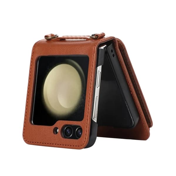Galaxy Z Flip7 Plånboksfodral Ring Kickstand med Lång rem - Brun Brun