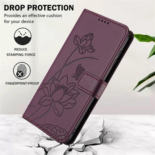 iPhone 17 Pro Max Konstläder Plånboksfodral Lotus Imprint Vinröd