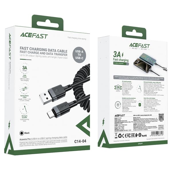Acefast USB-A - USB-C 3A Kabel 1.2m Spring 480Mb/s - Svart Svart