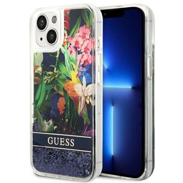 GUESS iPhone 14 Kuori Flower Liquid Glitter - Sininen Blå