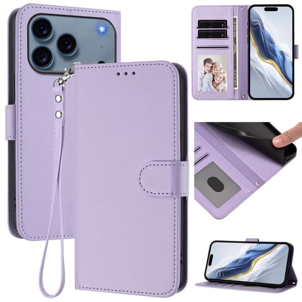 iPhone 17 Pro Max Plånboksfodral Läder med Handledsrem - Ljuslila Lila