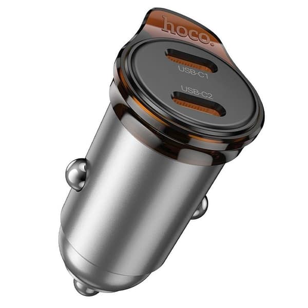 HOCO Biloplader 2x USB-C 45W PD QC 3.0 NZ16B - Metal Grå Grå