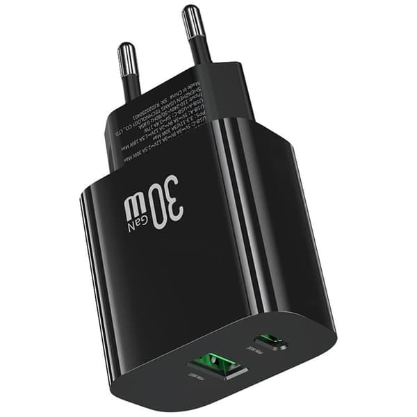 USAMS Hurtigoplader 30W 1xUSB-C 1xUSB-A CC316 - Sort Svart