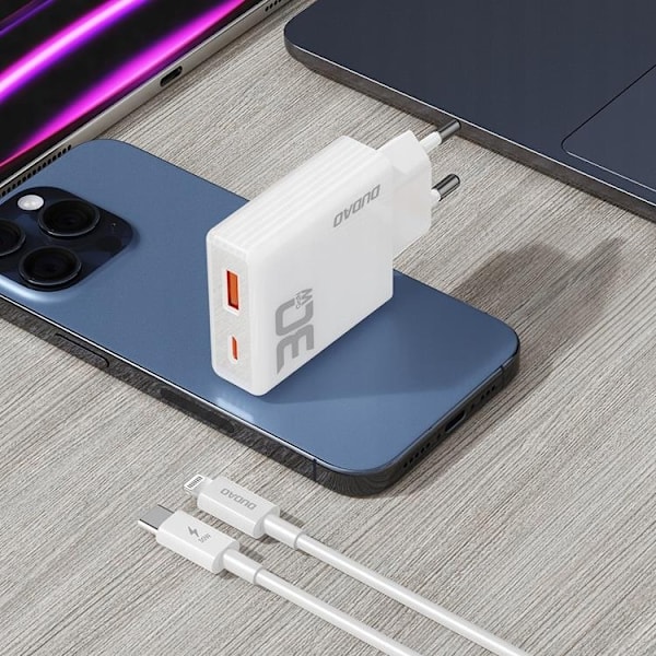 Dudao Snabbladdare 30W USB-A/USB-C med USB-C/Lightning Kabel Vit