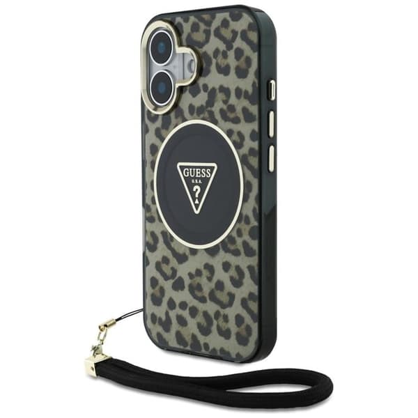 Guess telefontaske til iPhone 16 MagSafe IML Leopard trekantsnoreim - brun Brun