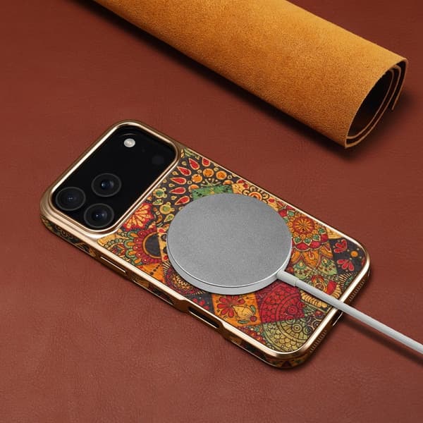 DENIOR Mobilskal till iPhone 17 Pro Max Mönstertryckt Elektropläterad Läder Gul
