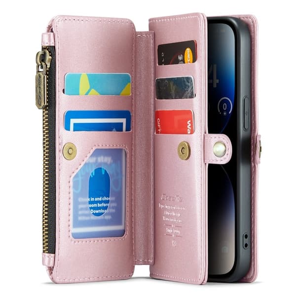 CASEME Plånboksfodral Konstläder för iPhone 14 Pro med kortfack - Rosa