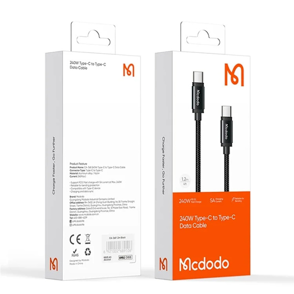 MCDODO USB-C - USB-C 240W Kabel 1.2m CA-3680 - Svart Svart