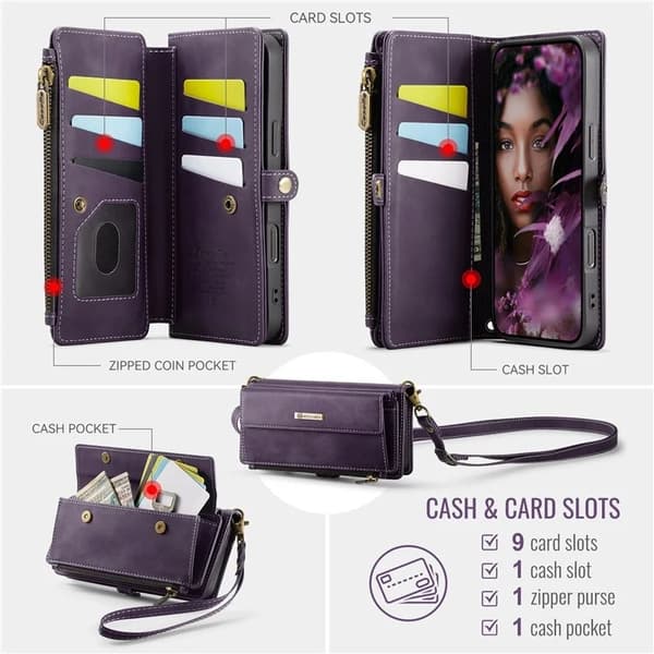 Caseme iPhone 16 Pro Konstläder Plånboksfodral RFID-Skydd Zipper - Lila Lila