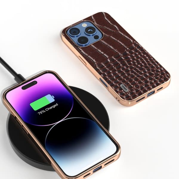 ABEEL Mobilskal till iPhone 16 Pro Max Äkta Läder Krokodilmönster Brun