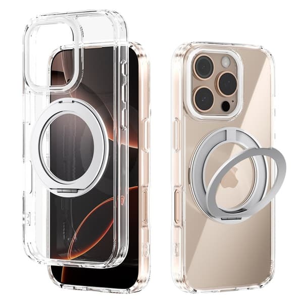 ABEEL Q-LUCK Mobilskal till iPhone 16 Pro Shockproof Rotating Kickstand Silver
