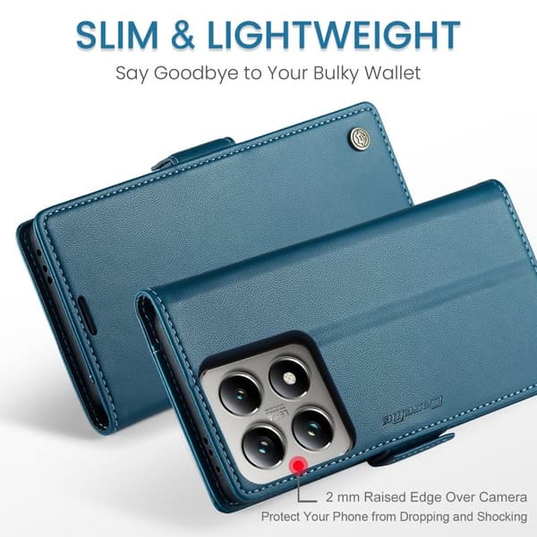 CASEME Xiaomi 14T Pro Plånboksfodral Konstläder RFID-Skydd 3 Kort Blå
