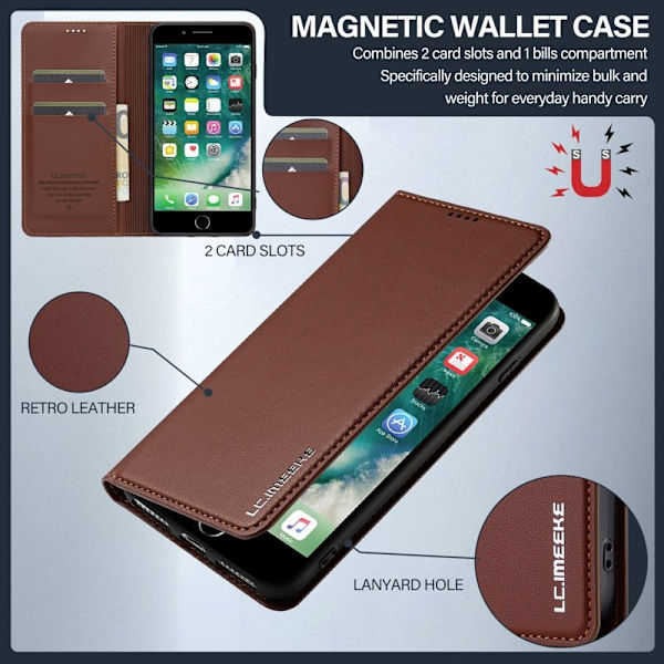 LC.IMEEKE L1 Series iPhone 8 Plus Plånboksfodral Konstläder - Brun