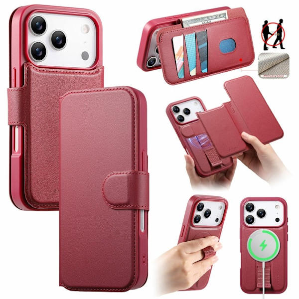 CASENEO iPhone 17 Pro Plånboksfodral RFID Blocking Konstläder - Röd