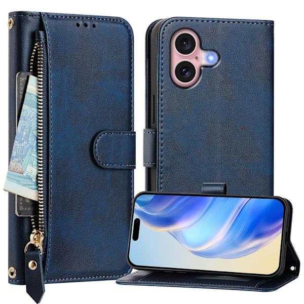 iPhone 16 Plånboksfodral Zipper Pocket Konstläder - Blå Blå