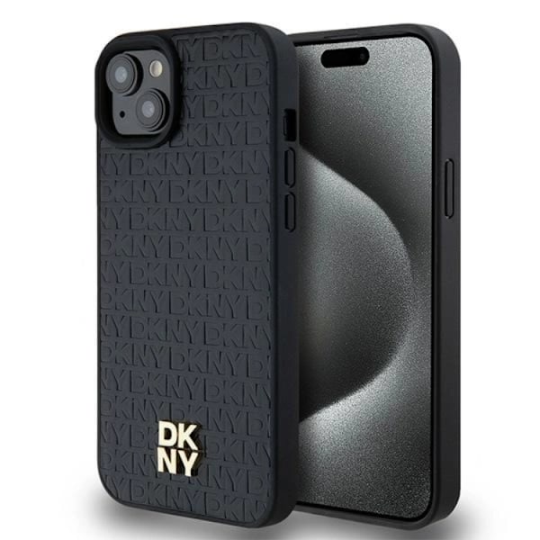 DKNY iPhone 15/14 Plus Mobilskal Magsafe Läder Pattern Metal Logo Svart