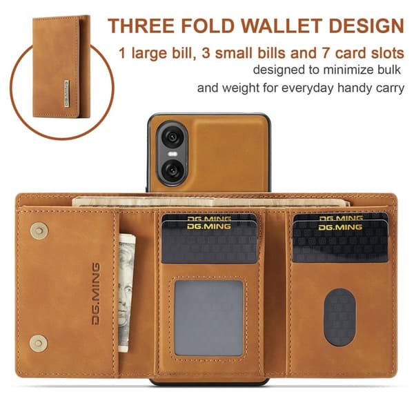 DG.MING Sony Xperia 10 VI Kickstand Konstläder Plånboksfodral - Brun