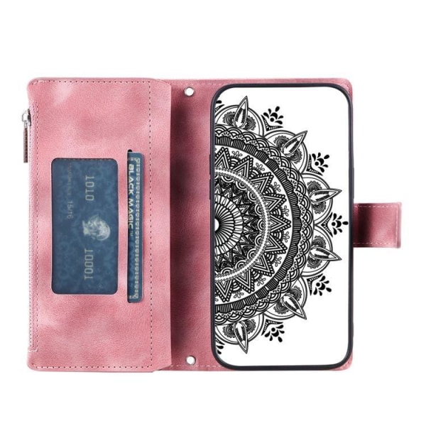 iPhone 15 Plus Plånboksfodral Mandala Flower Imprinted - Rosa Gu