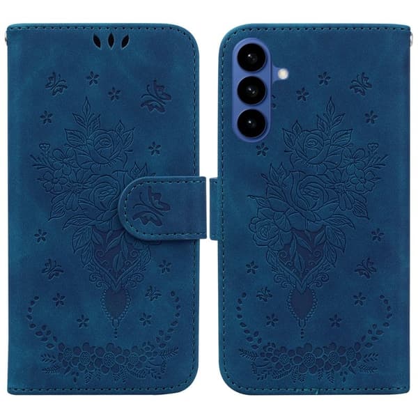 Samsung Galaxy S26 / S26 Pro Plånboksfodral Konstläder Butterfly Blomma - Blå