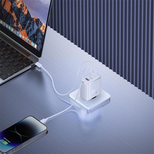 Baseus GaN Väggladdare 2x USB-C Till USB-A 65W Cube Pro - Vit Vit