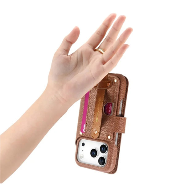 iPhone 17 Pro Konstläder Plånboksfodral RFID-Skydd Zipper - Brun Brun