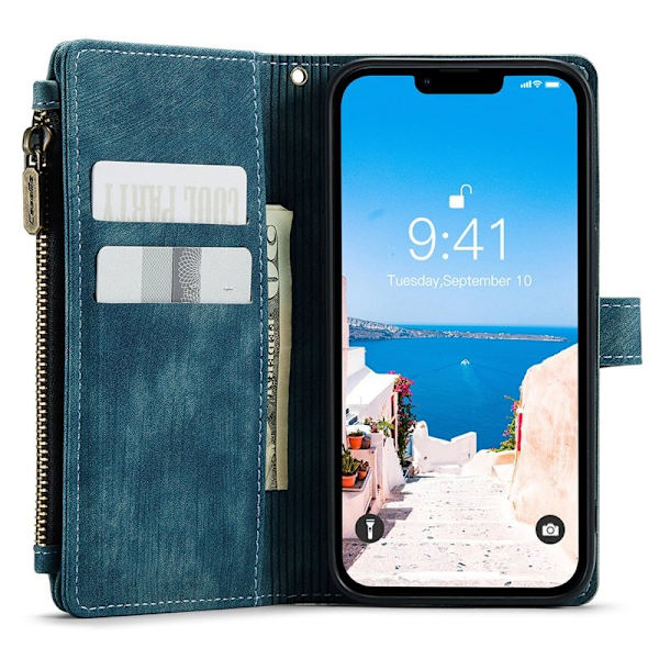 CASEME Konstläder Plånboksfodral för iPhone 15 Plus med Rem - Blå