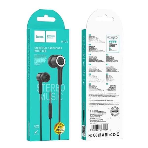 HOCO Trådbundna Hörlurar 1.2m Kabel Jack 3.5mm Med Mikro M104 Black