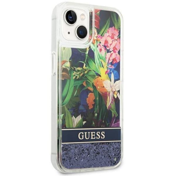 GUESS iPhone 14 Plus -kotelo Flower Liquid Glitter - Sininen Blå