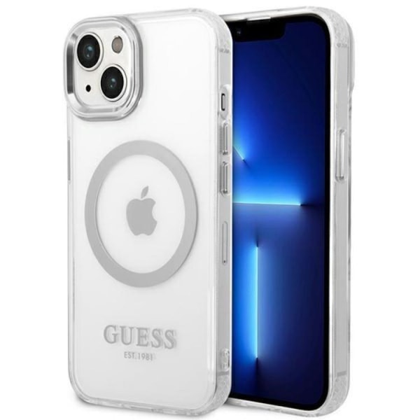 GUESS iPhone 14 Plus Cover Magsafe Metal Outline - Sølv