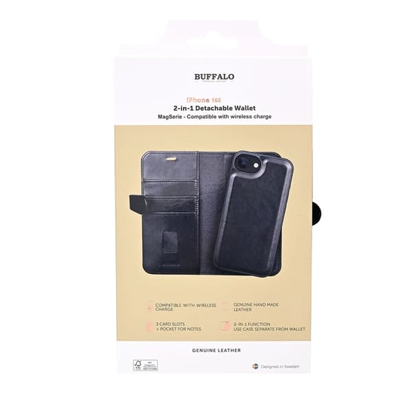 Buffalo iPhone 16e Plånboksfodral MagSafe 3 Kort Premiumläder Svart