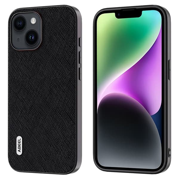 ABEEL Mobilskal till iPhone 14 Plus Cross Texture Äkta Läder PC Svart