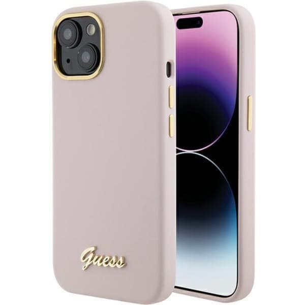 Guess Mobilskal till iPhone 15 Pro Max Silikon Script Metal Logo Rosa