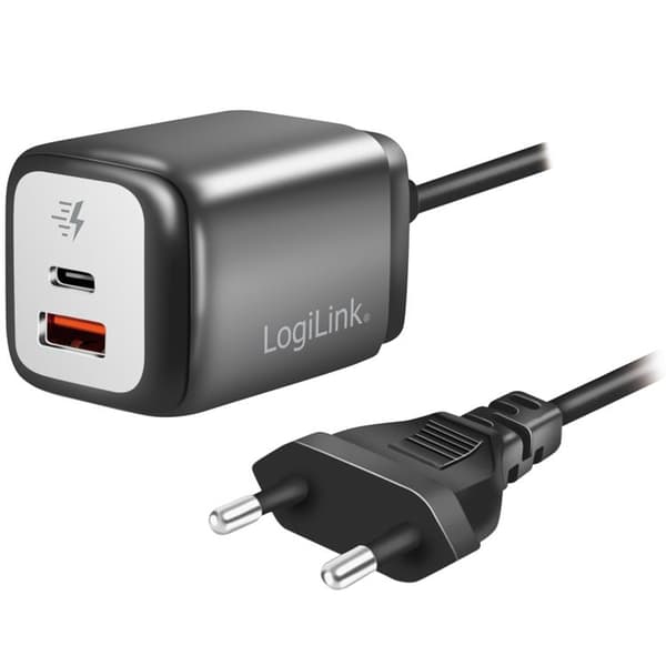 Logilink Väggladdare 1xUSB-A + 1xUSB-C med fast kabel 1.5m GaN 30W Black