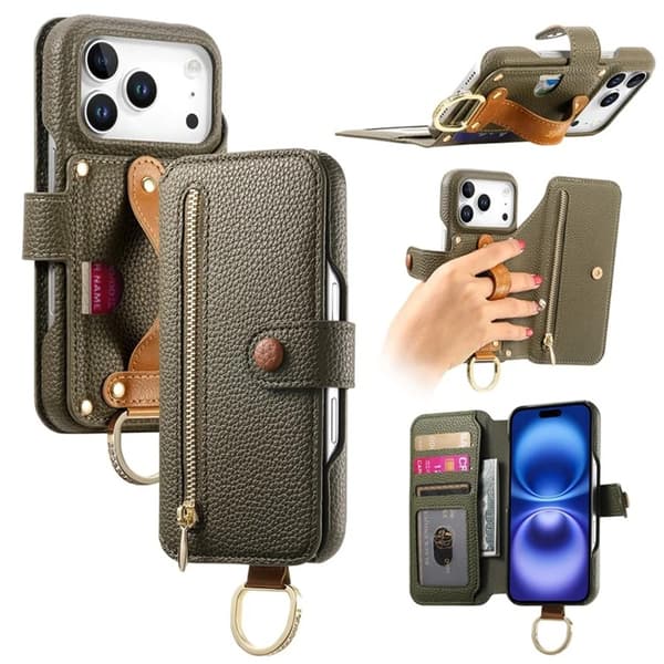 iPhone 17 Pro Konstläder Plånboksfodral RFID-Skydd Zipper - Grön Grön